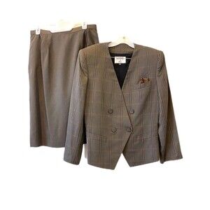 KASPER $168 Skirt Suit 2 Piece 31x26 Dbl Breast Jacket Window Pane Career NWT 14